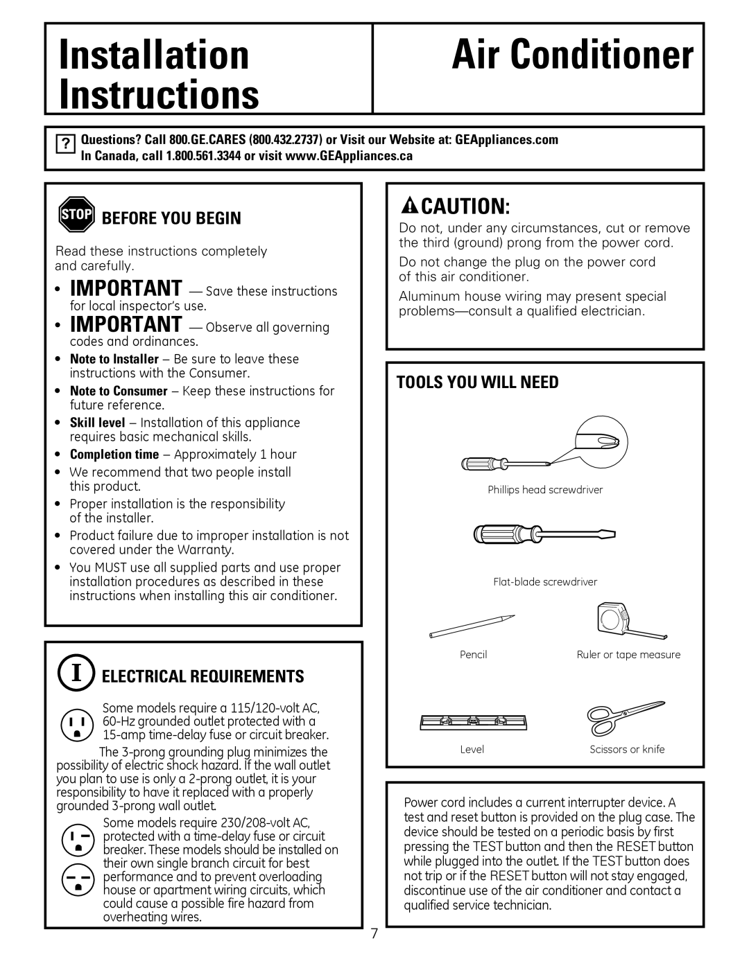 GE AEM2, AEQ2 Before You Begin, Electrical Requirements, Tools You Will Need, Amp time-delay fuse or circuit breaker 